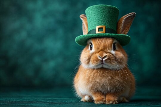 A photorealistic fluffy rabbit in a tall green top hat, perfect for St. Patrick's Day promotions or themed events, add a whimsical touch to festive designs.
