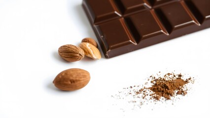 A delicious dark chocolate bar accompanied by almonds and cocoa powder, presented on a minimalist white background, highlighting the rich flavors and gourmet appeal of this indulgent treat.   