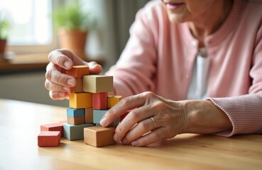 Faceless elderly woman with dementia plays wooden blocks on table, developing motor skills. Senior patient builds tower in geriatric clinic. Game for brain training, memory improvement, cognitive