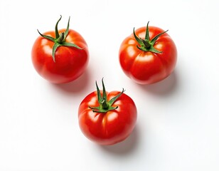 Three ripe red tomatoes isolated on white background. Fresh juicy whole raw vegetables from above. Healthy organic cherry ingredient for vegan diet, cooking recipe, salad and ketchup.
