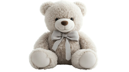 Soft gray teddy bear with bow sitting upright on a white background, perfect for gifting or decoration