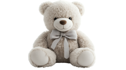 Soft gray teddy bear with bow sitting upright on a white background, perfect for gifting or decoration