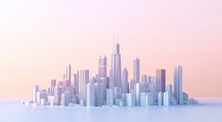 Fototapeta premium A striking view of the Chicago skyline in shades of white, illuminated softly by twilight, showcasing the city's iconic architecture