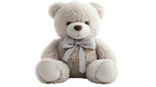 Soft gray teddy bear with bow sitting upright on a white background, perfect for gifting or decoration