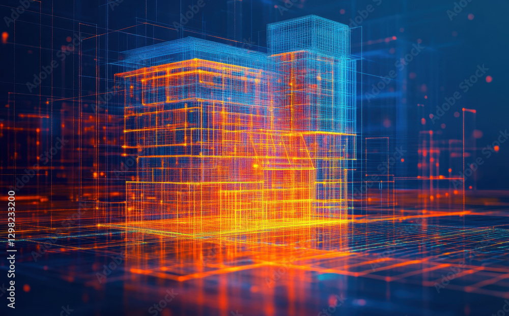 Poster a detailed holographic representation of a modern building is displayed within a vibrant digital fra