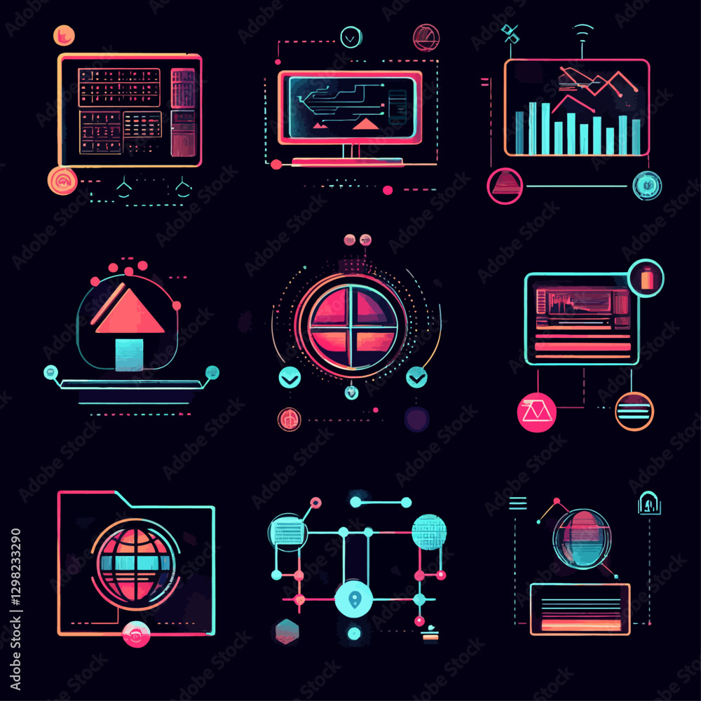 Poster neon data analytics icons representing network and technology concepts