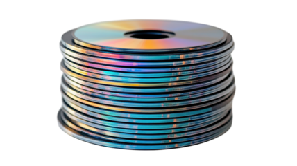 Stack of colorful compact discs arranged neatly on a white background for digital media storage and collection