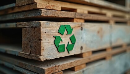 Stack of wooden pallets with green recycle logo. Sustainable material, eco friendly approach. Wood planks, reusing waste for eco living, circular economy, resource recovery. Recycle symbol,