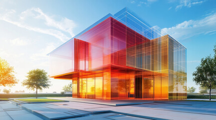 Obraz premium A striking transparent glass house reflects vibrant colors under a clear sky, surrounded by trees and a manicured landscape