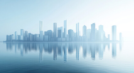 Naklejka premium A serene view of a city skyline with clean lines, enveloped in mist, showcasing the calm water reflection at sunrise