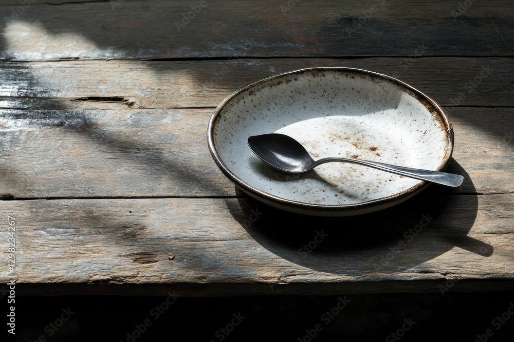 Aufkleber Empty plate and spoon resting on rustic wooden table under soft sunlight in a cozy setting. Generative AI
