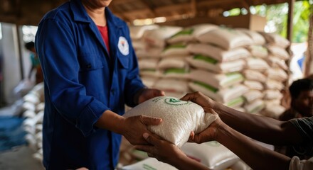Person distributing rice to another in humanitarian aid relief effort