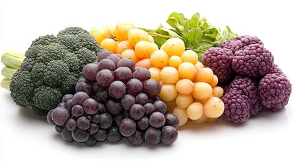 Assorted Fresh Produce Featuring Broccoli Green Leaves and Colorful Variety of Grapes