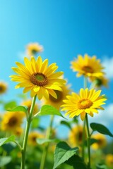 Close-up view of vibrant sunflowers against a clear blue sky on a sunny day, sunny, flowers