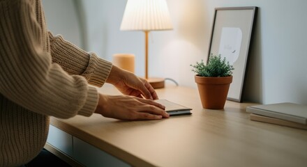 Person organizing desk with lamp, plant, and notebook for clean workspace