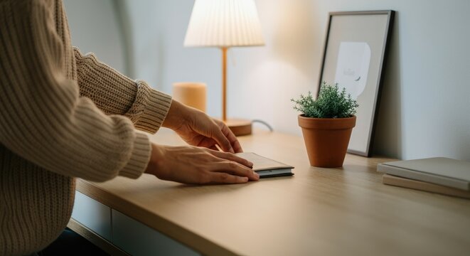 Person organizing desk with lamp, plant, and notebook for clean workspace