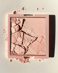 A broken pink blush compact with jagged pieces and fine powder spilling around it, set against a soft white background, showcasing its delicate texture and vibrant color