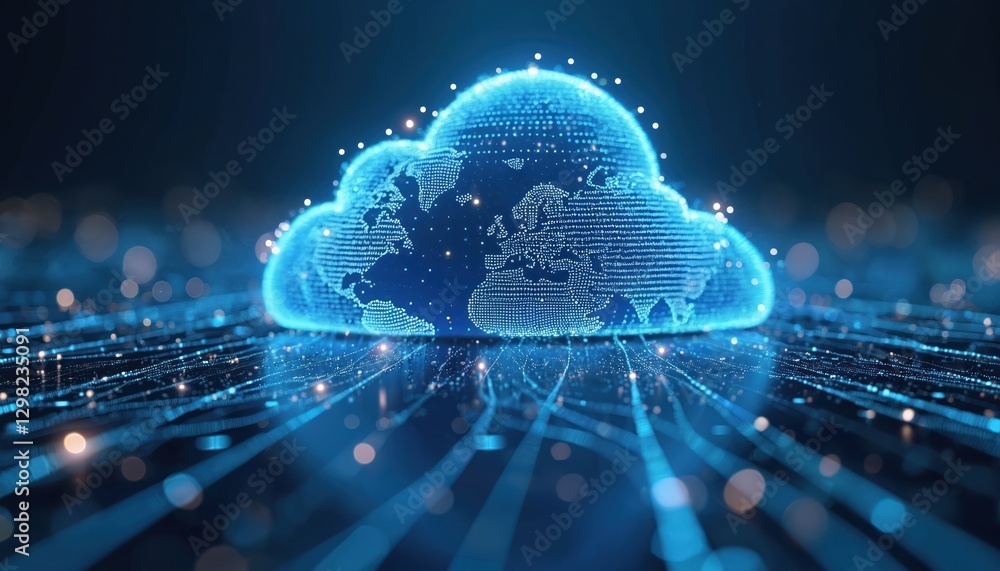 Aufkleber Illustration of cloud computing, digital data transfer with computing networked. Globe with virtualization approach. Digital connection tech, cyberspace system, network connectivity with blue