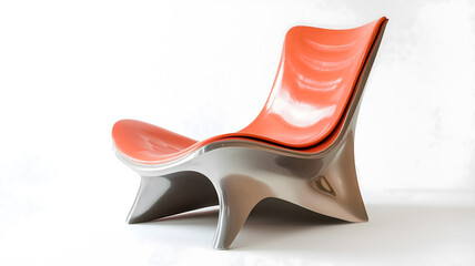 Sleek coral chair, titanium like base, modern edge of design, and bright, inviting feel, perfect in bright light, casts modern shadow and inviting
