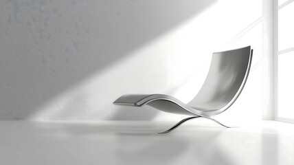 sleek steel grey chair exudes modern appeal, bathed in bright light, casting shadows with its unusual, sculptural design creating calming, futuristic ambiance