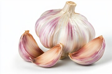 Obraz premium Purple And White Striped Garlic Bulb And Cloves On White Background