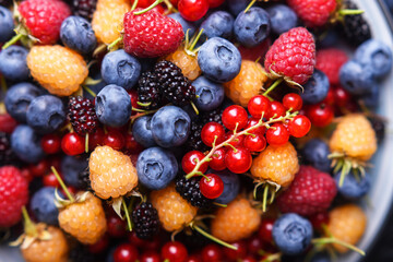 Close up of multicolored mixed summer berries: blueberries, raspberries, redcurrant, blackcurrant...