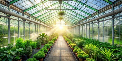 Sunlit Greenhouse Pathway Rows of Lush Greenery Basking in Morning Light