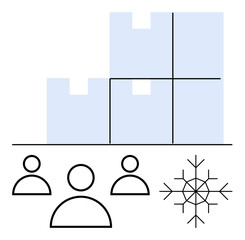 Stacked boxes, snowflake, and three people symbols reflect teamwork in supply chain, cold storage, and organization. Ideal for logistics, warehouse management, teamwork, shipping refrigeration