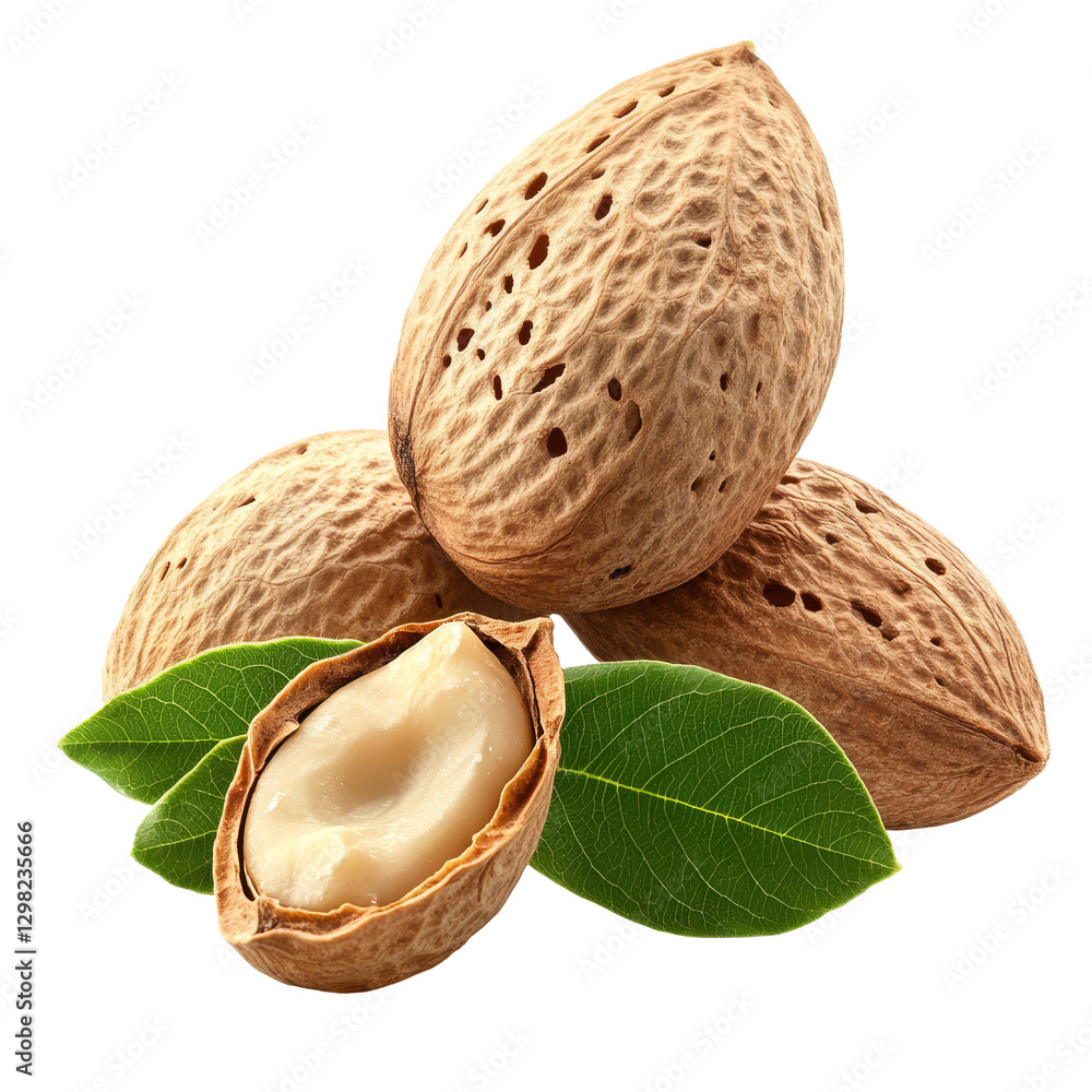 Poster a group of raw almonds with shells resting on a transparent surface surrounded by green leaves, grou