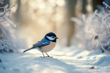 A beautiful little bird standing on the snow-covered path in a winter forest, with beautiful morning light.
