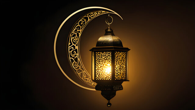 Gilded lantern suspended from decorative crescent moon, radiating spiritual warmth during Ramadan's sacred observance