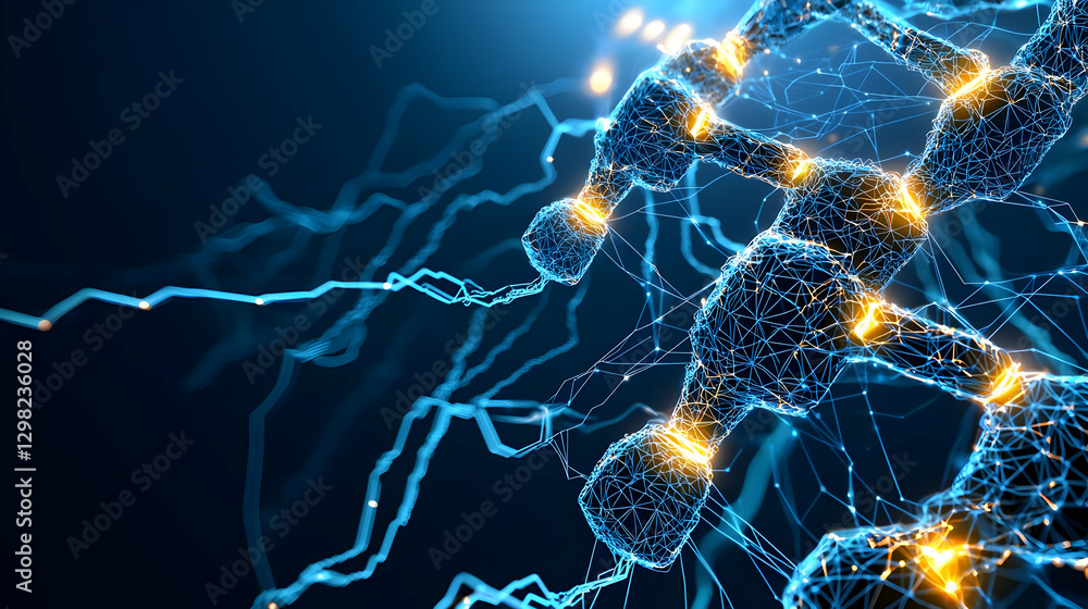 Poster abstract digital network structure with blue and orange glowing elements over dark background