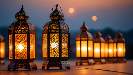 Obraz premium Traditional metal lanterns glowing at sunset during the holy month of Ramadan, creating a warm and spiritual atmosphere