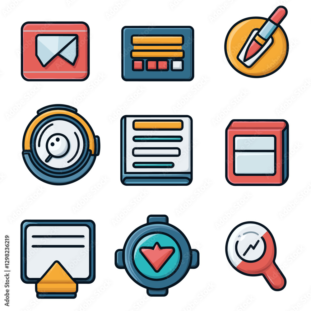 Poster icon set representing data analysis, email, robotic automation and more