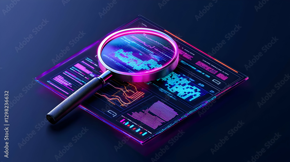 Aufkleber digital magnifying glass hovering over pixelated circuit board with glowing illumination