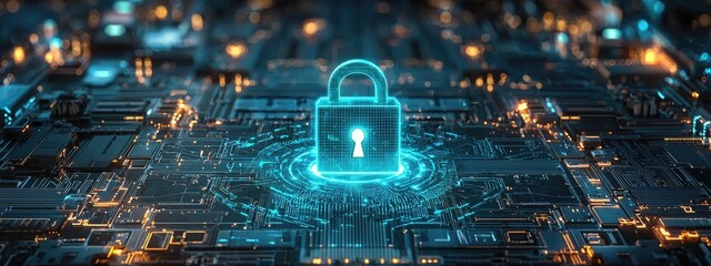 A digital padlock icon surrounded by glowing blue holographic lines on an electronic circuit board background, symbolizing advanced security technology and data protection in cyber architecture