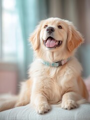 Portrait of golden retriever puppy dog sit and smile cheerful