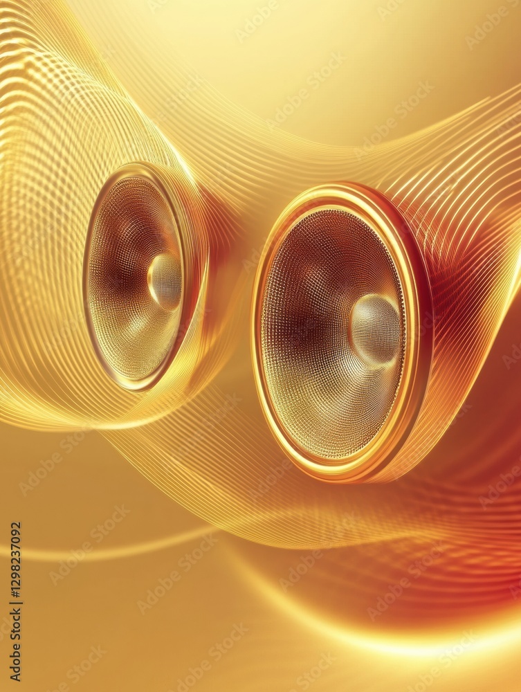 Poster creative 3d speakers glow with radiant light waves in a vibrant golden setting. generative ai