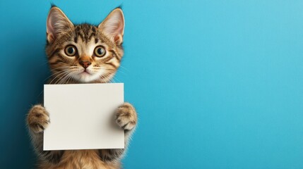 Ginger cat with a poster or banner for your text. Copy space.