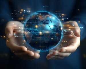 Hands holding digital global network