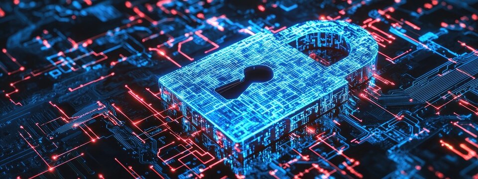 A futuristic digital lock surrounded by holographic data and cybersecurity symbols on an abstract circuit board background - Powered by Adobe