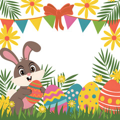 Happy Easter rabbit, Easter bunny icon set. Bunny with egg for kids. Rabbit or hare, spring festive animal. Cartoon holiday decent vector character. easter bunny and easter eggs isolated on white tran