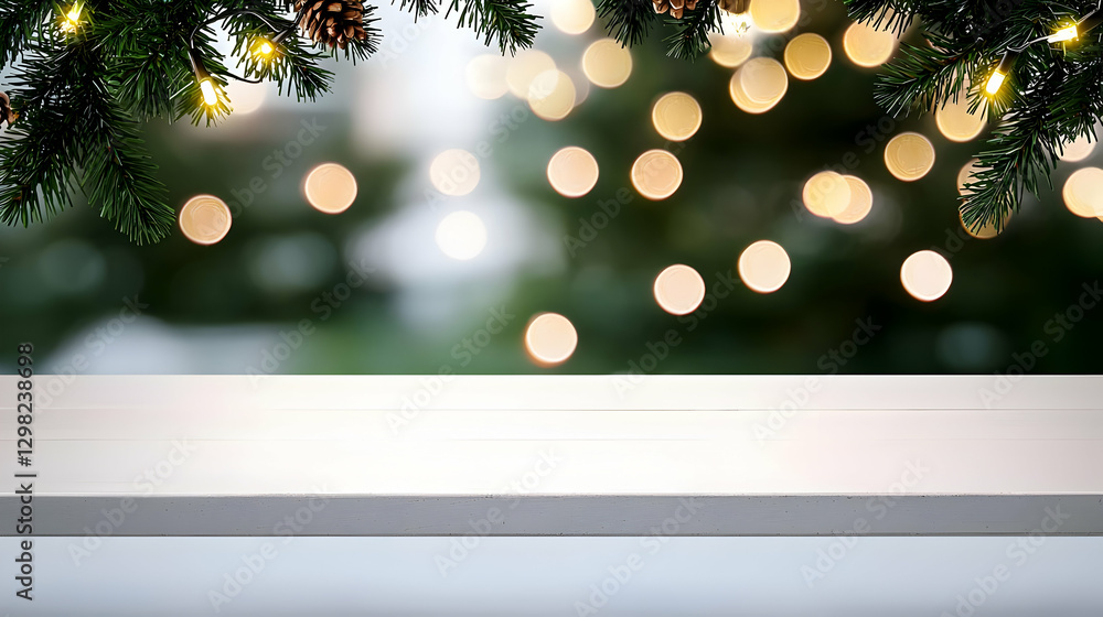 Poster White Table with Christmas Tree Branches and Golden Bokeh Light Background