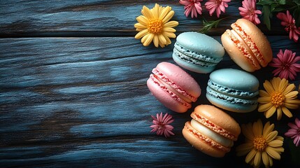 Assorted macarons in pastel and bold colors resting on a rustic wooden table surrounded by fresh flowers
