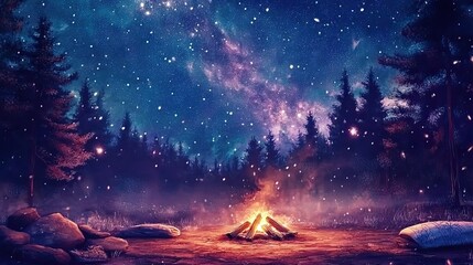 Fototapeta premium Night campfire in starry forest