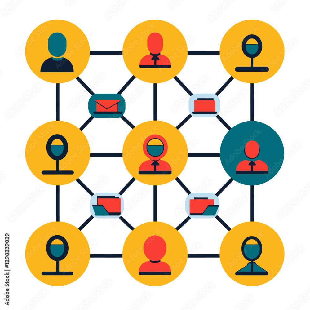 Poster network of diverse communication icons linked together on a grid system.