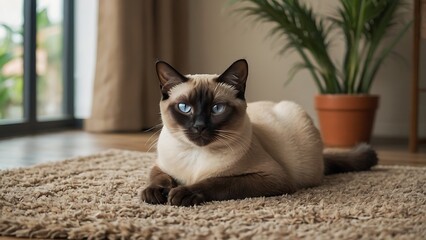 Elegant Siamese cat lying on a fluffy rug, enjoying a peaceful and cozy moment