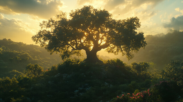 A big mighty spreading tree on a hill in the light of the setting sun