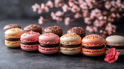 Delicious macarons in assorted colors on a textured wooden table with gentle flower accents