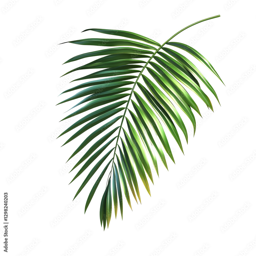 Poster a vibrant green palm tree leaf casting a delicate shadow isolated on a clean transparent background,